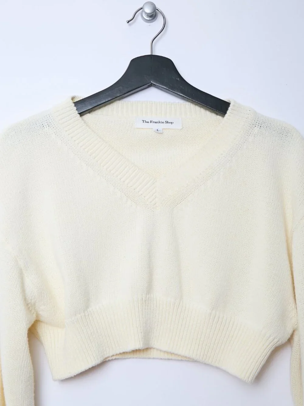 The Frankie Shop 100% Cotton Cropped V-Neck Ivory Sweater cottagecore coastal